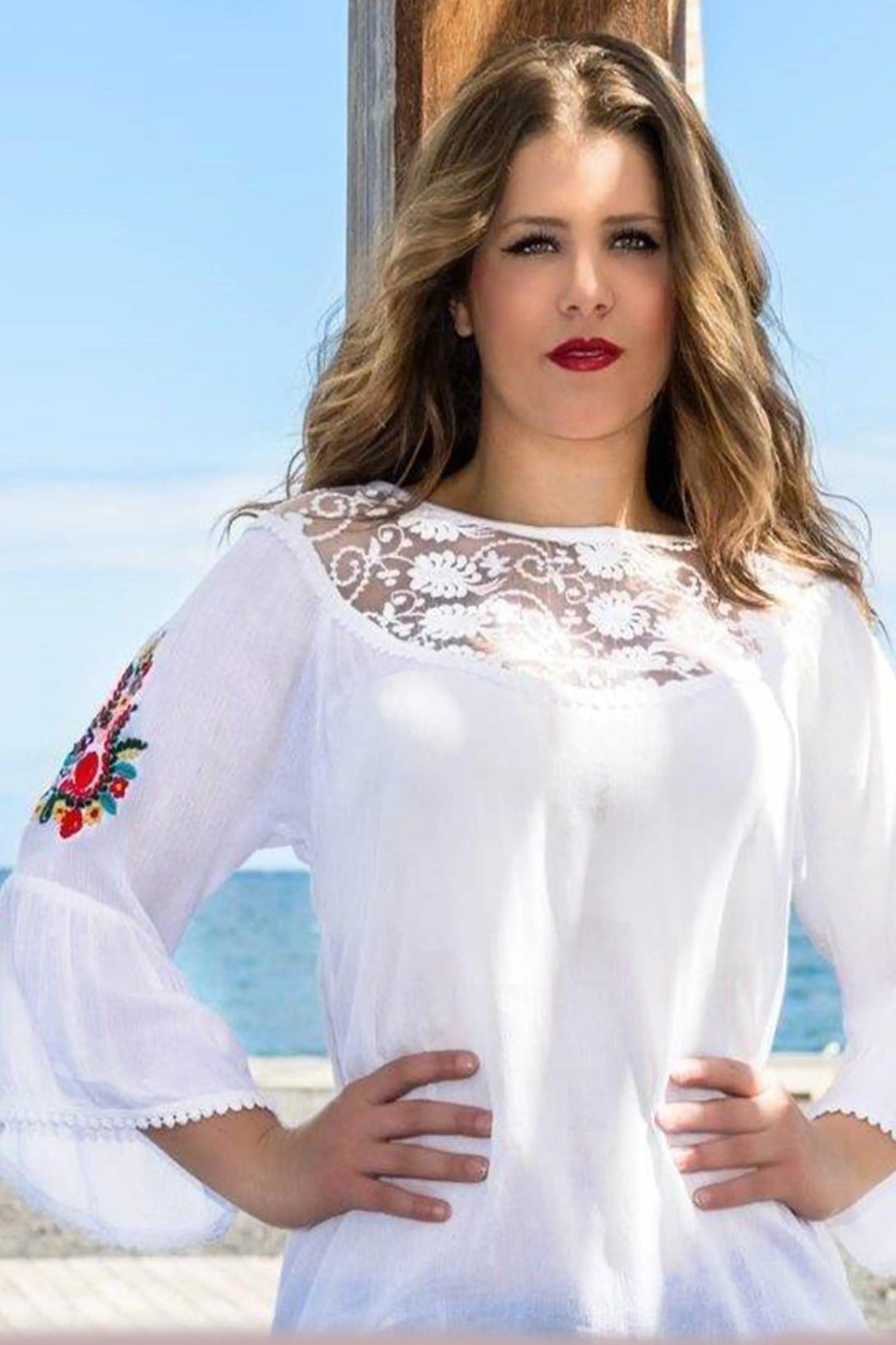 3629 B Rayon Bohemian Medieval Bell Sleeve Color Embroidered Patch Lace Overlay Neckline Tunic Blouse