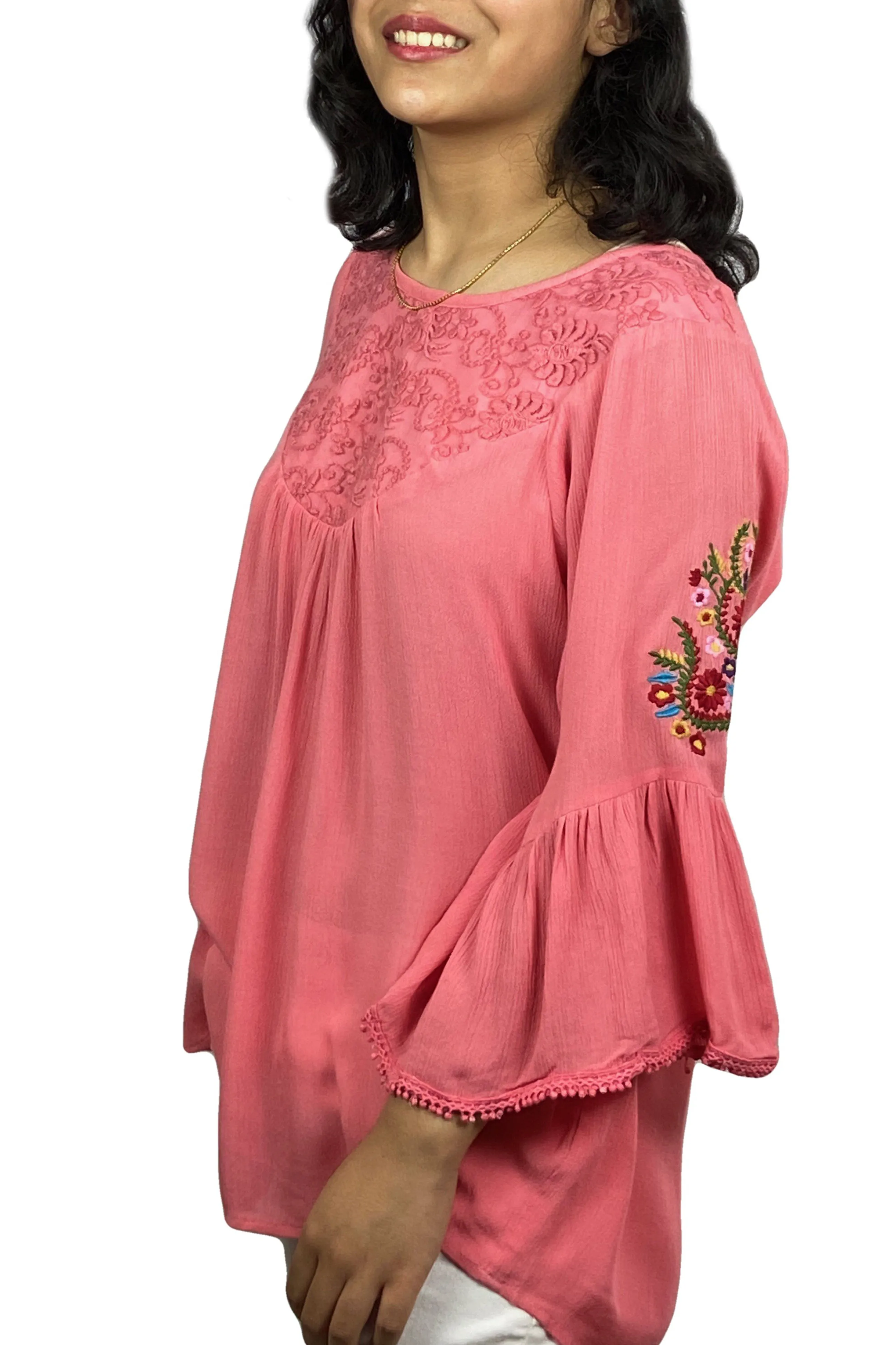 3629 B Rayon Bohemian Medieval Bell Sleeve Color Embroidered Patch Lace Overlay Neckline Tunic Blouse