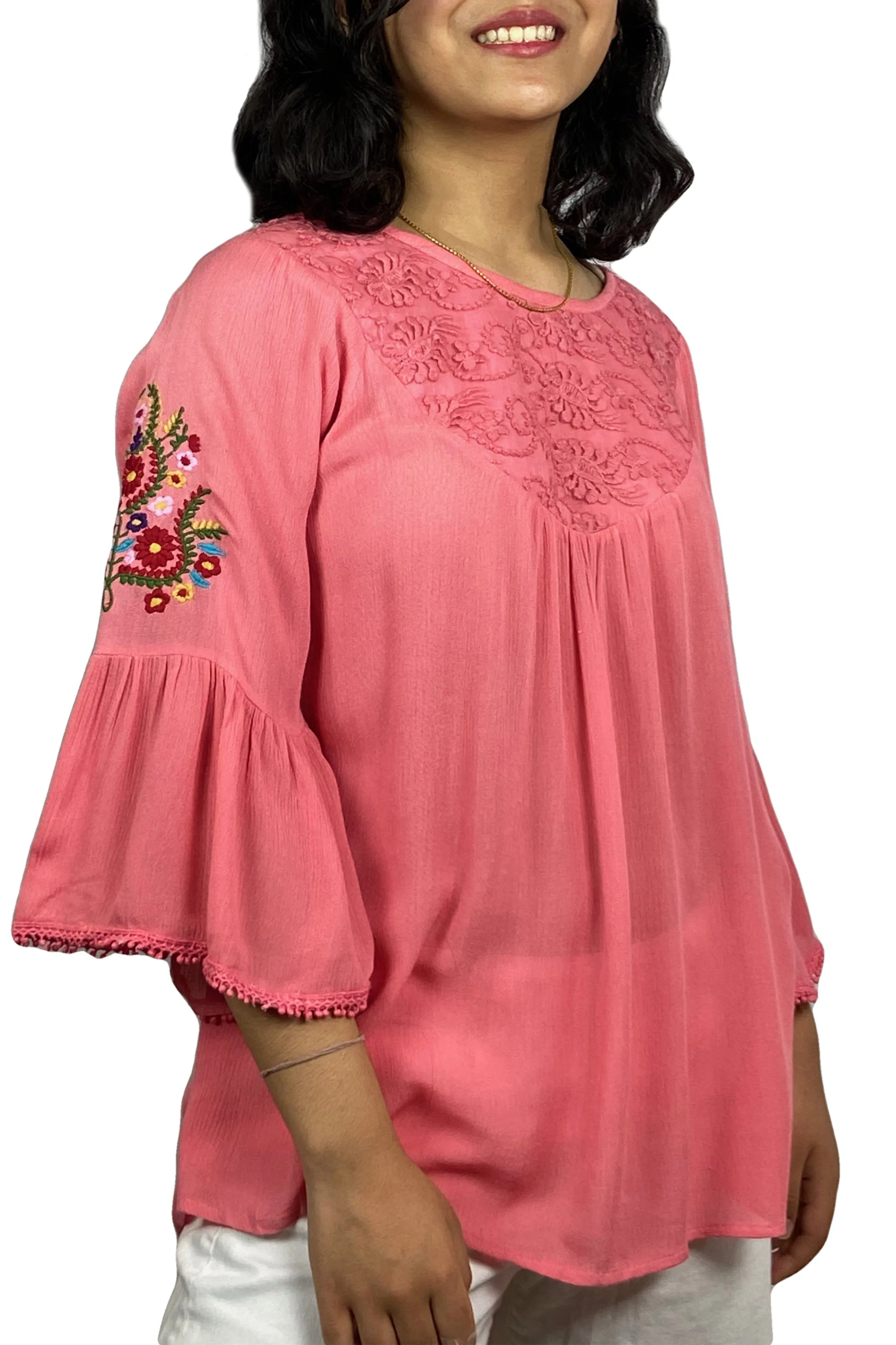 3629 B Rayon Bohemian Medieval Bell Sleeve Color Embroidered Patch Lace Overlay Neckline Tunic Blouse
