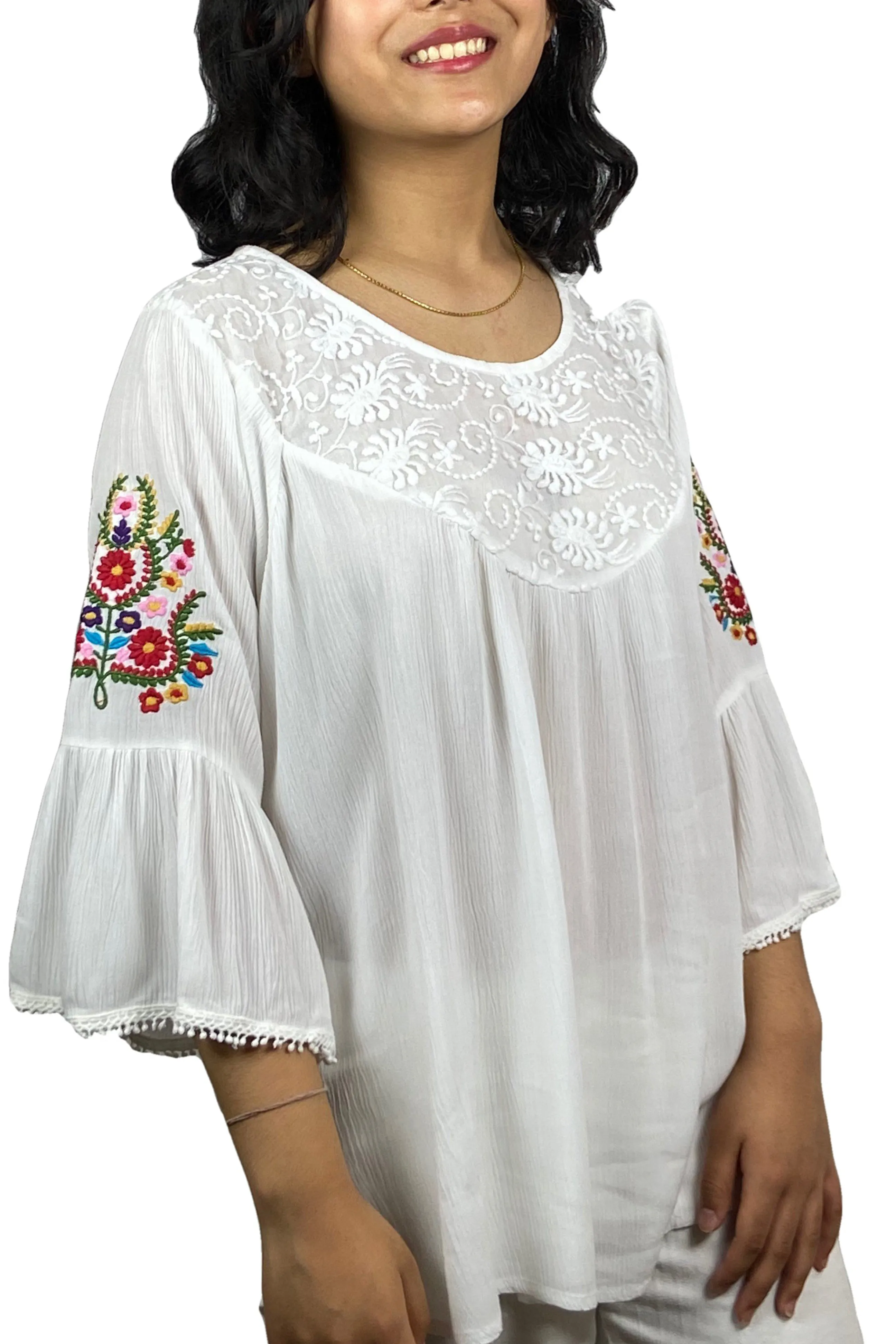 3629 B Rayon Bohemian Medieval Bell Sleeve Color Embroidered Patch Lace Overlay Neckline Tunic Blouse