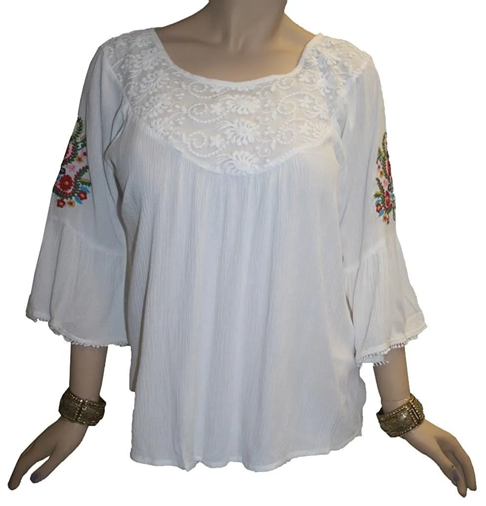 3629 B Rayon Bohemian Medieval Bell Sleeve Color Embroidered Patch Lace Overlay Neckline Tunic Blouse
