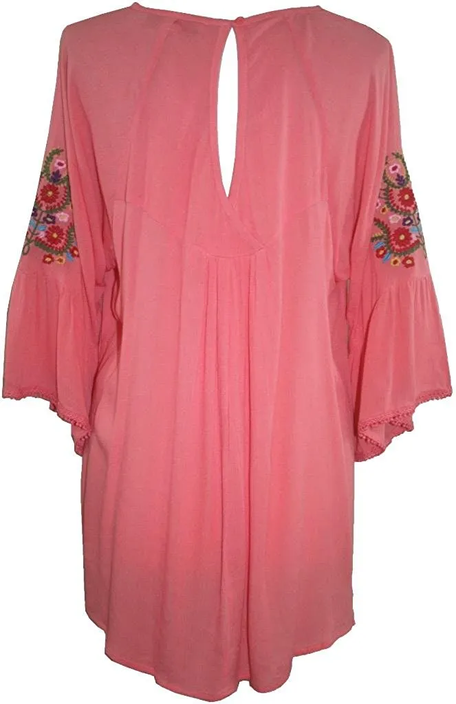 3629 B Rayon Bohemian Medieval Bell Sleeve Color Embroidered Patch Lace Overlay Neckline Tunic Blouse