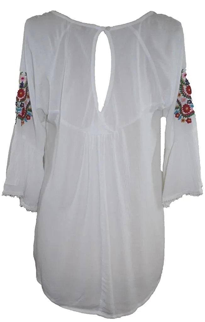 3629 B Rayon Bohemian Medieval Bell Sleeve Color Embroidered Patch Lace Overlay Neckline Tunic Blouse