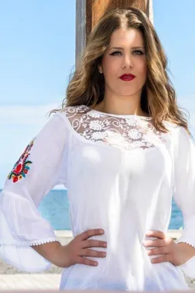3629 B Rayon Bohemian Medieval Bell Sleeve Color Embroidered Patch Lace Overlay Neckline Tunic Blouse