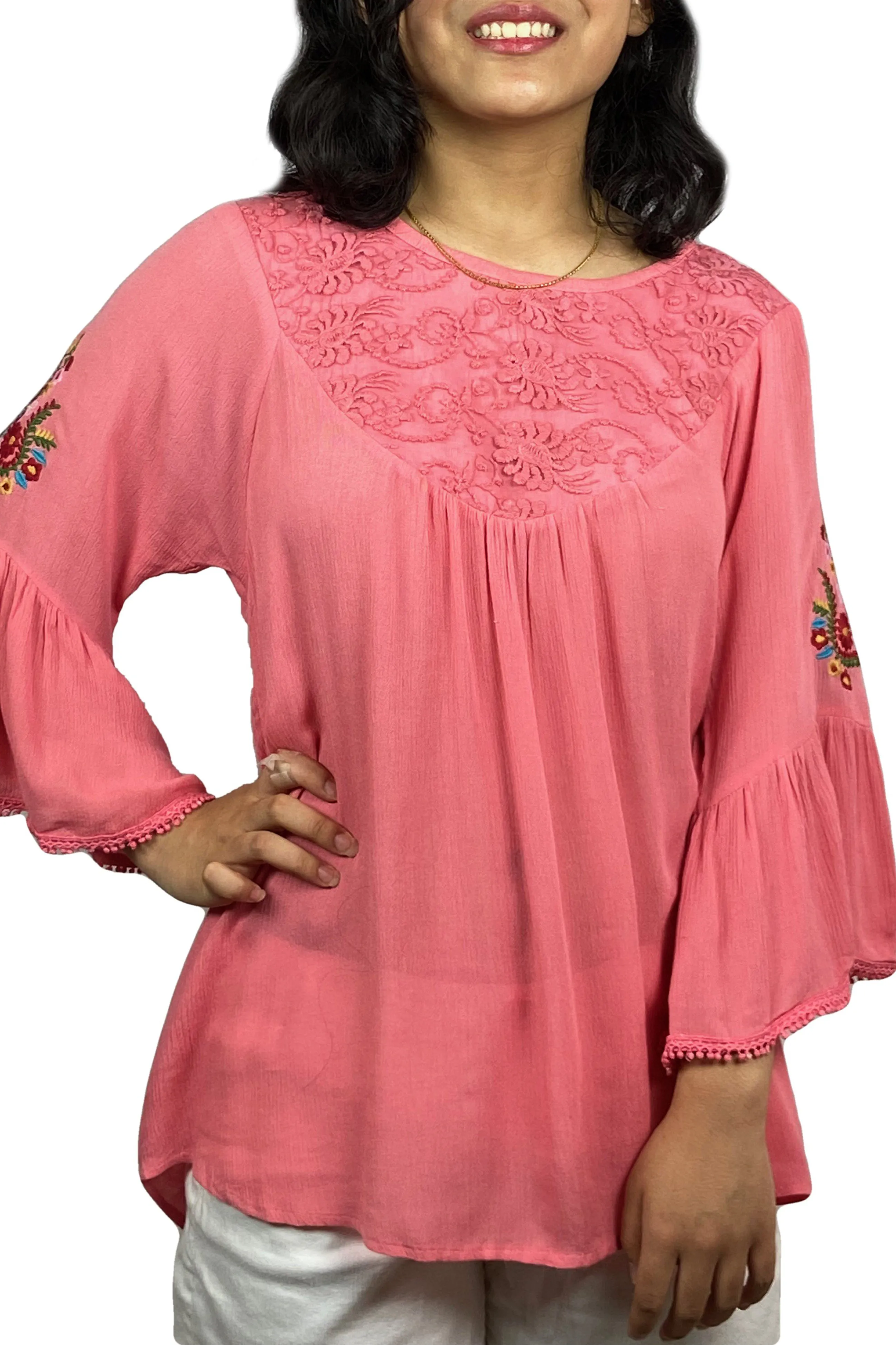 3629 B Rayon Bohemian Medieval Bell Sleeve Color Embroidered Patch Lace Overlay Neckline Tunic Blouse