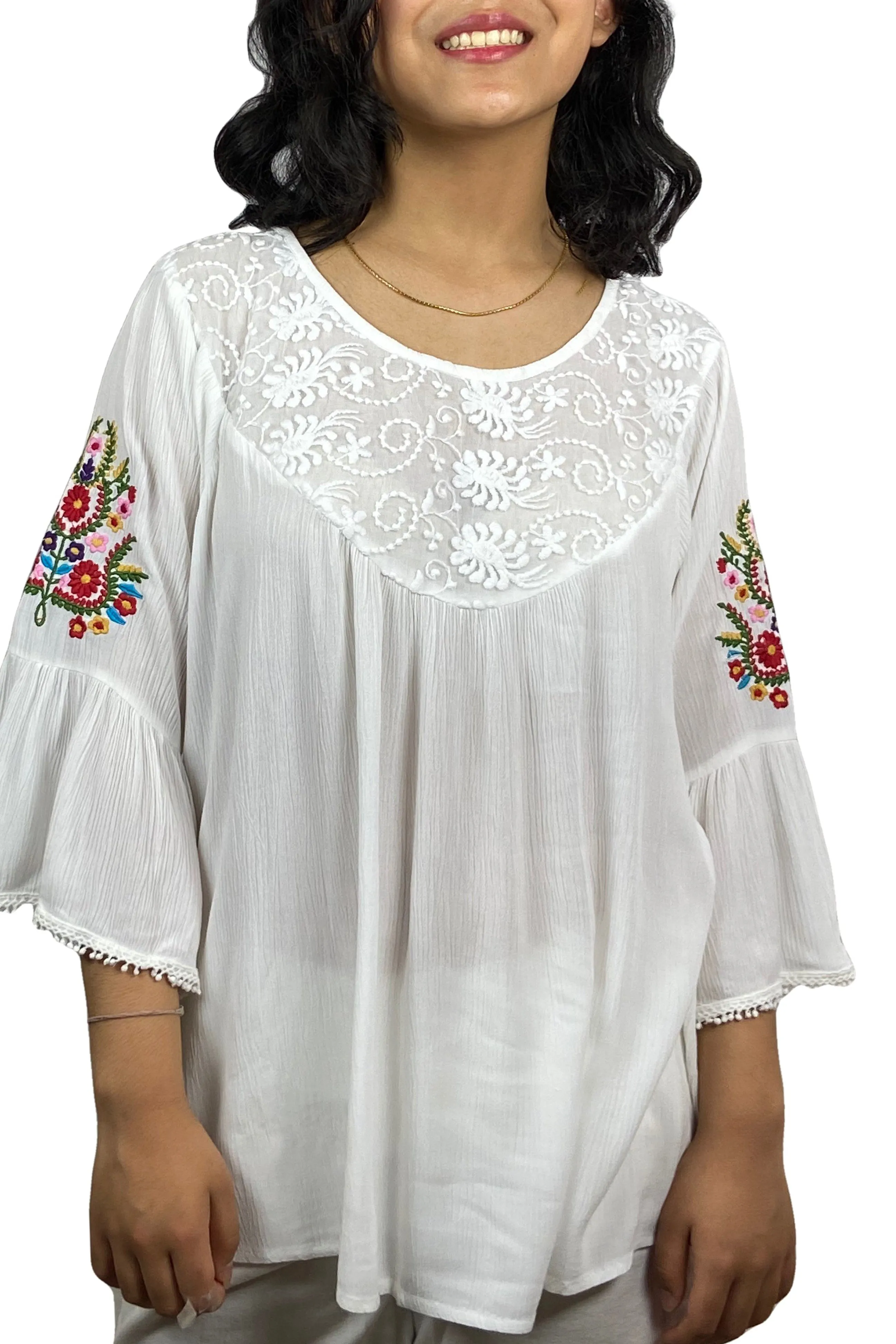 3629 B Rayon Bohemian Medieval Bell Sleeve Color Embroidered Patch Lace Overlay Neckline Tunic Blouse