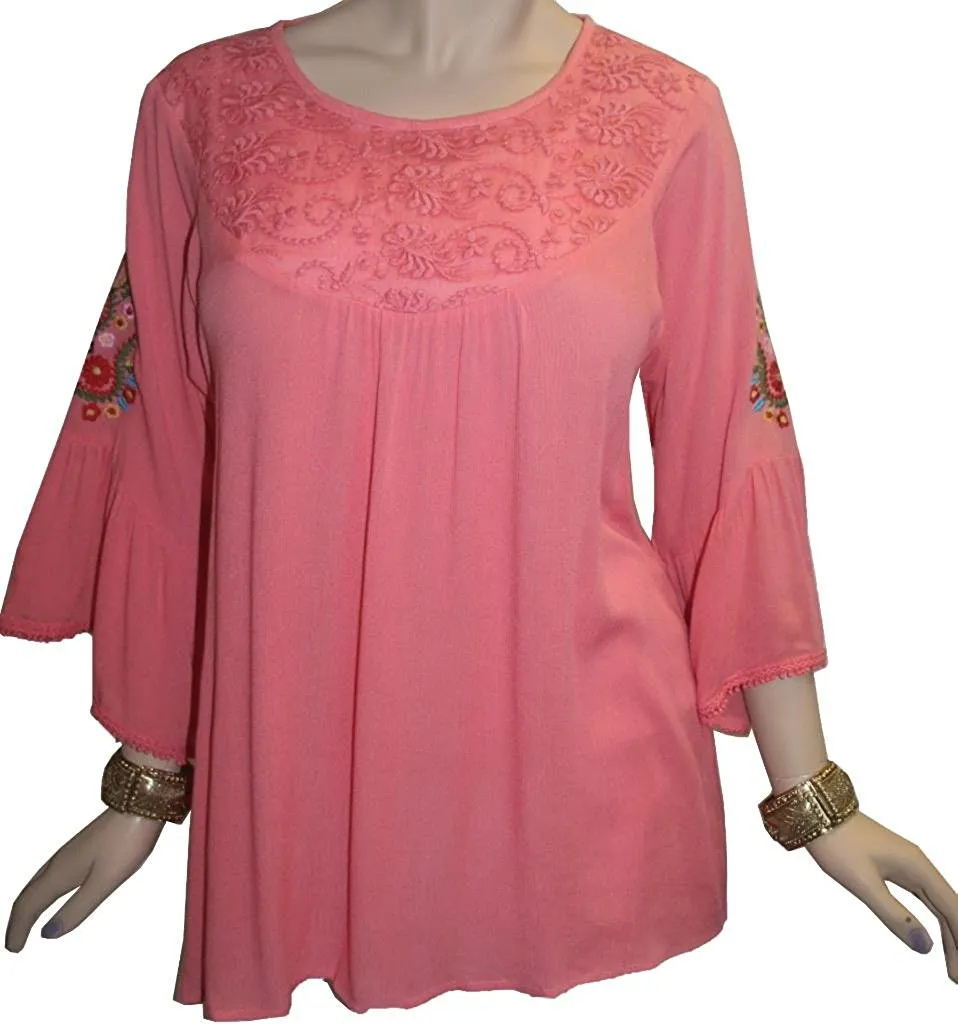 3629 B Rayon Bohemian Medieval Bell Sleeve Color Embroidered Patch Lace Overlay Neckline Tunic Blouse