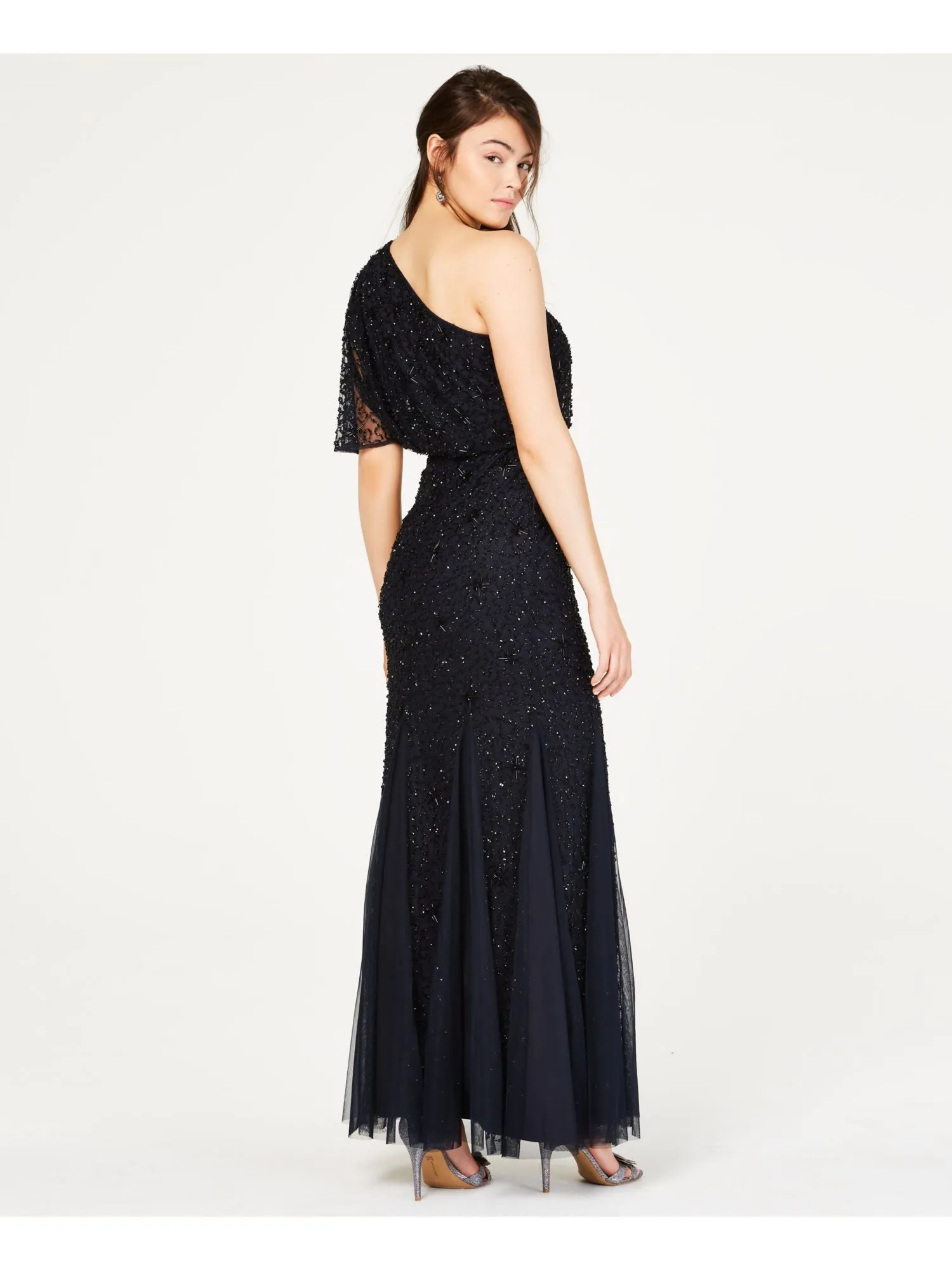 ADRIANNA PAPELL Womens Navy Beaded Asymmetrical Neckline Maxi Evening Sheath Dress