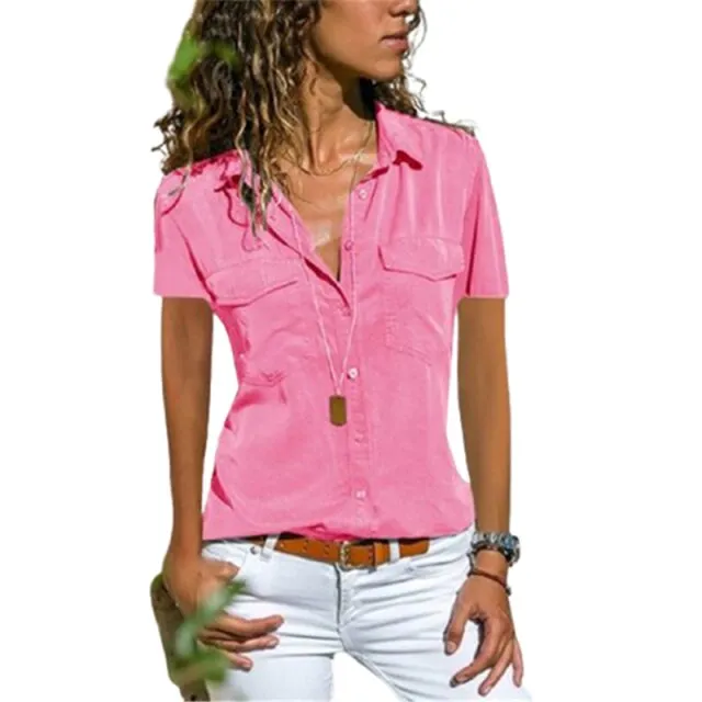 Autumn Woman Pocket Office Blouse Plus Size Lapel Long Sleeve Slim Buttons Shirt Ladies Black Pink Femininas Tops S-5XL