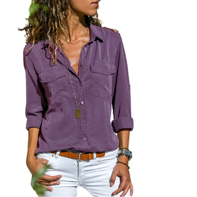 Autumn Woman Pocket Office Blouse Plus Size Lapel Long Sleeve Slim Buttons Shirt Ladies Black Pink Femininas Tops S-5XL