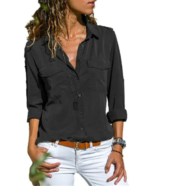 Autumn Woman Pocket Office Blouse Plus Size Lapel Long Sleeve Slim Buttons Shirt Ladies Black Pink Femininas Tops S-5XL