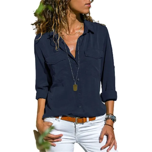 Autumn Woman Pocket Office Blouse Plus Size Lapel Long Sleeve Slim Buttons Shirt Ladies Black Pink Femininas Tops S-5XL