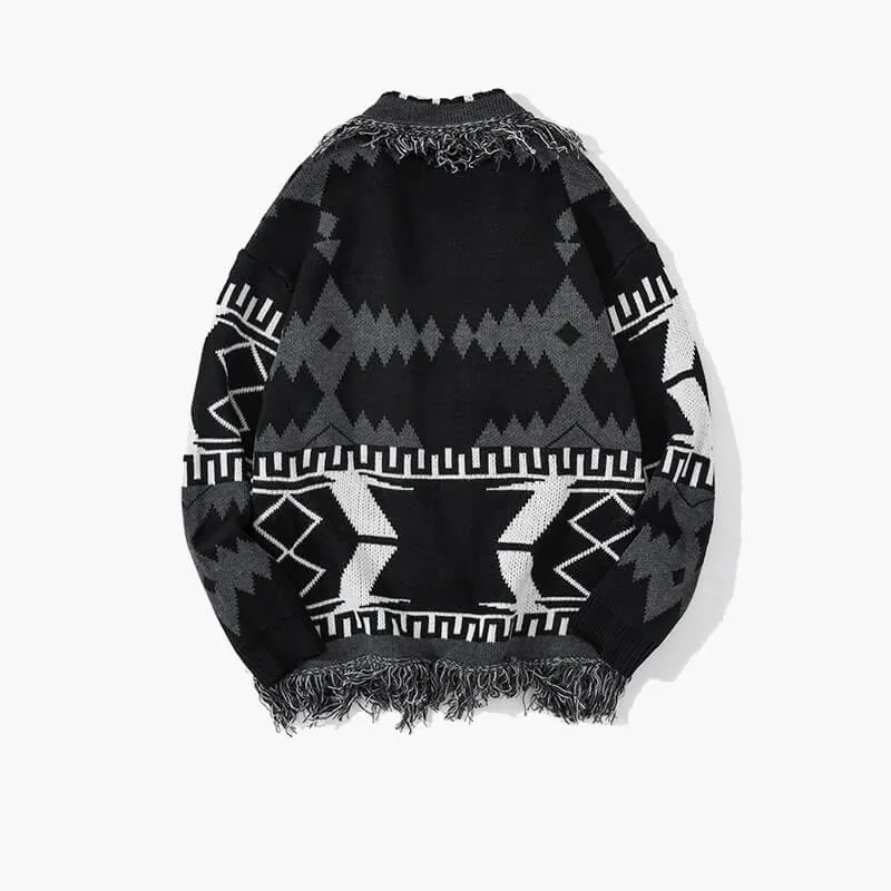 Black Gray Geometrical Comfy Knitted Cardigan