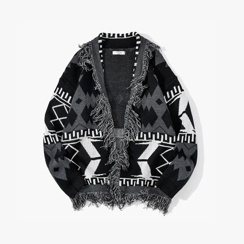 Black Gray Geometrical Comfy Knitted Cardigan
