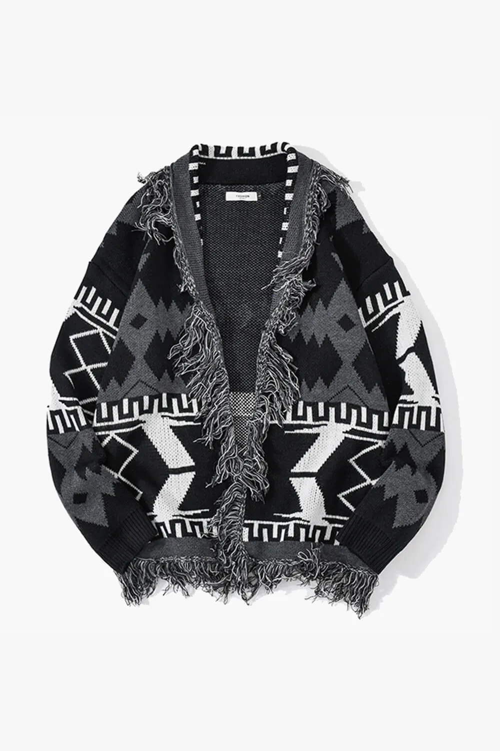 Black Gray Geometrical Comfy Knitted Cardigan