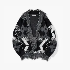 Black Gray Geometrical Comfy Knitted Cardigan