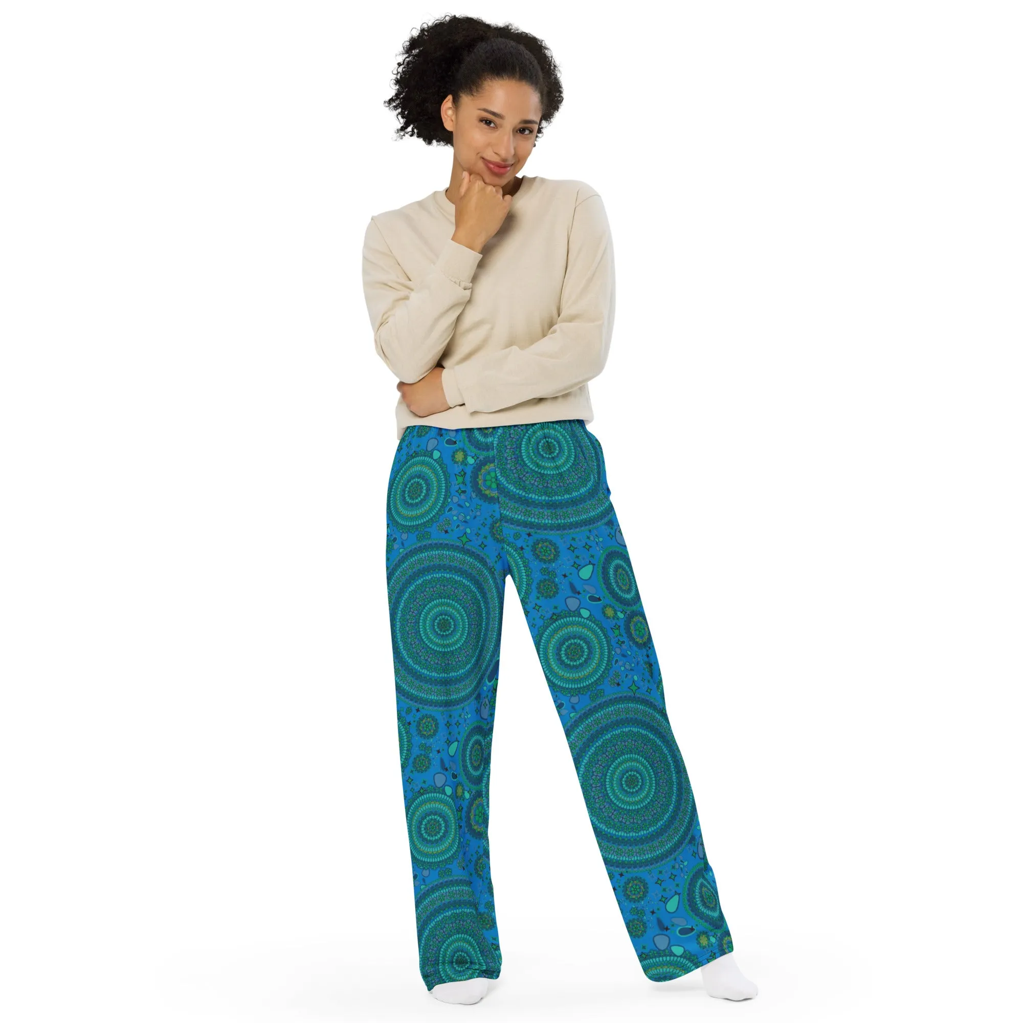 blue madalion meditation unisex wide-leg pants