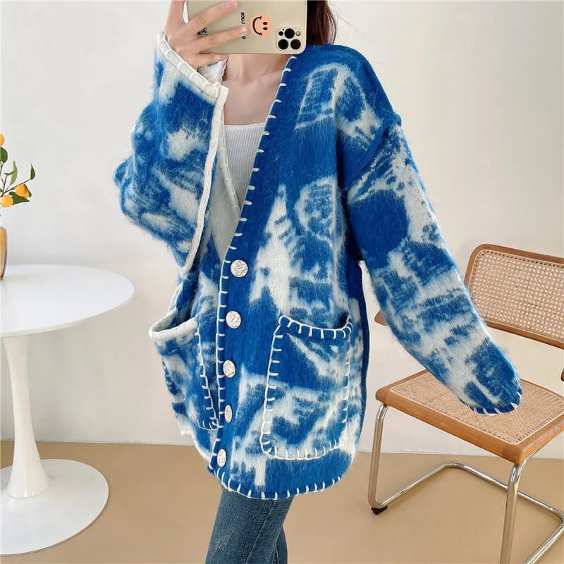 Blue Waves Retro Cardigan Split Color Design