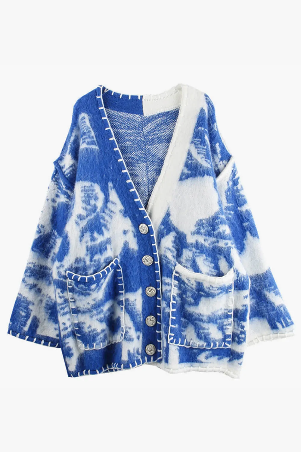 Blue Waves Retro Cardigan Split Color Design