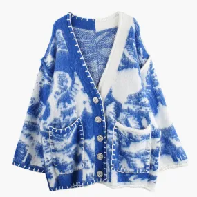 Blue Waves Retro Cardigan Split Color Design