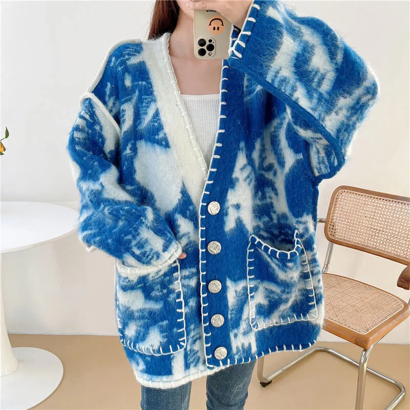 Blue Waves Retro Cardigan Split Color Design