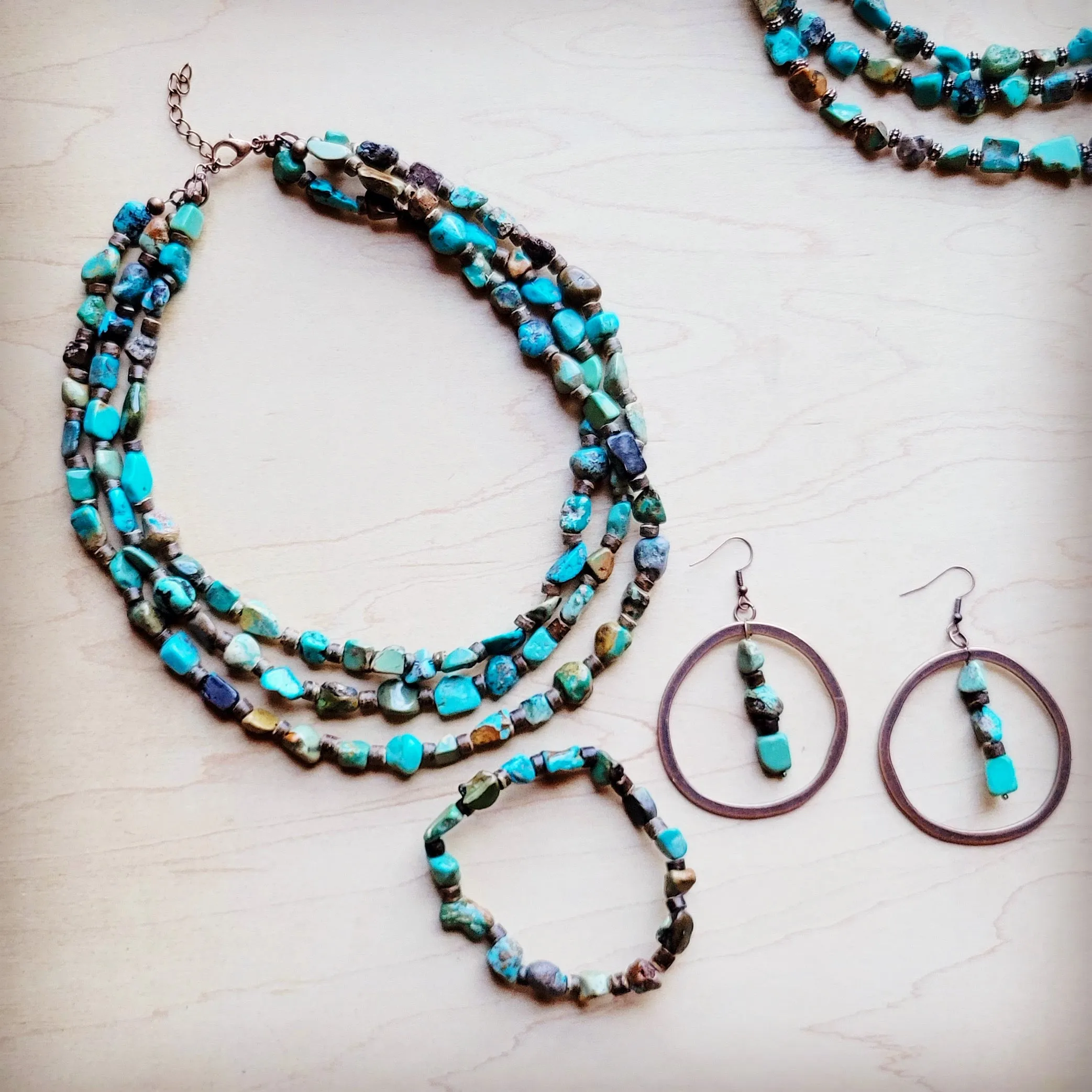 Genuine HuBei Turquoise & Wood Triple Strand Necklace 259s