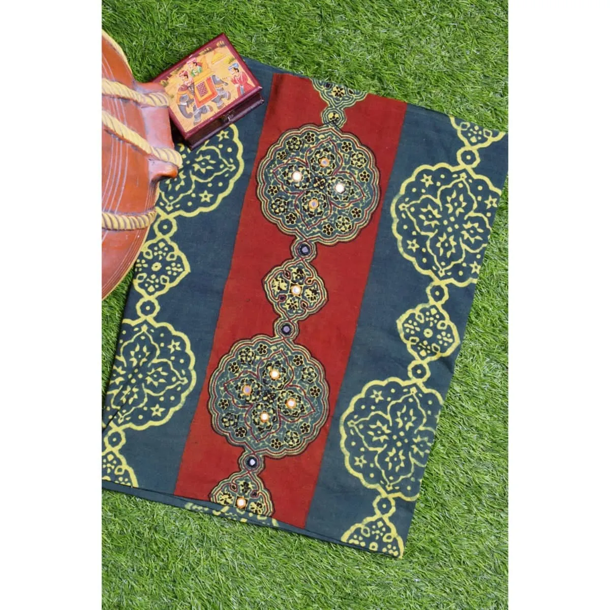 Green Ajrakh Blouse with Embroidery
