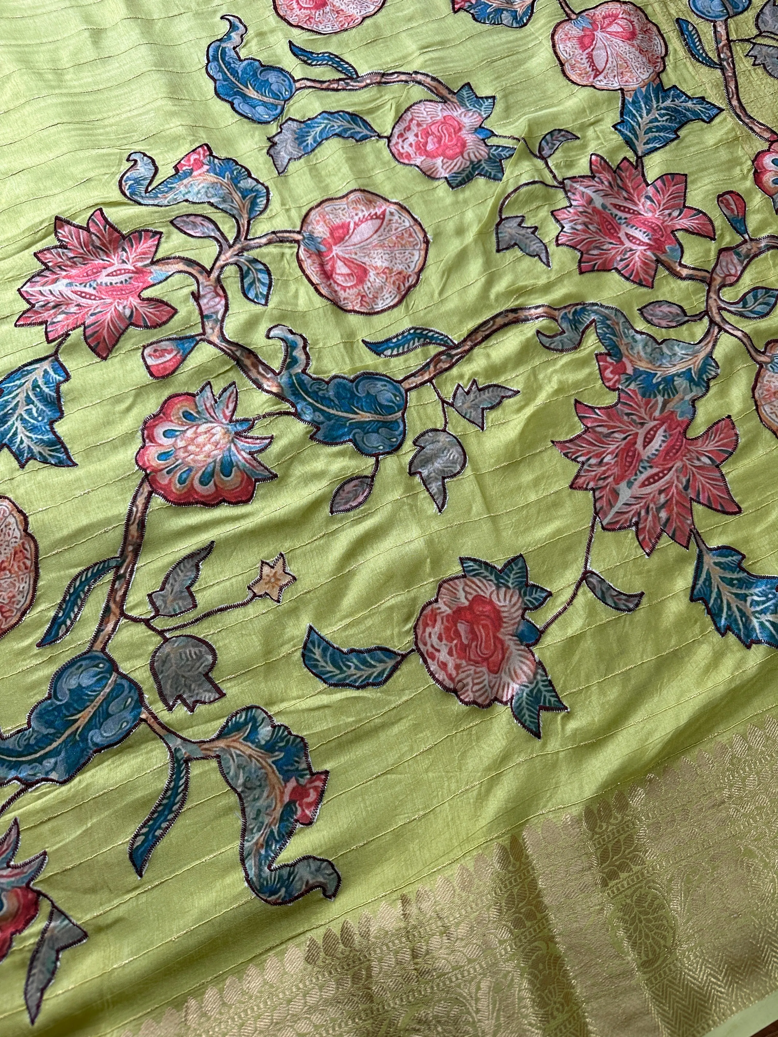 Kalamkari Patch Semi Crepe Green Saree comes with 2 Blouses