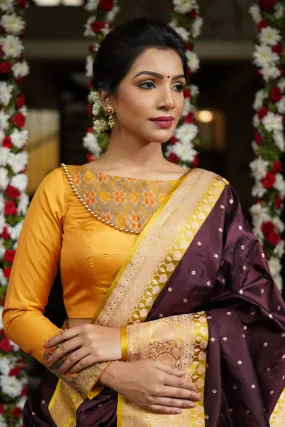 Mustard silk boatneck blouse with pure rawsilk ikkat yoke, made to order