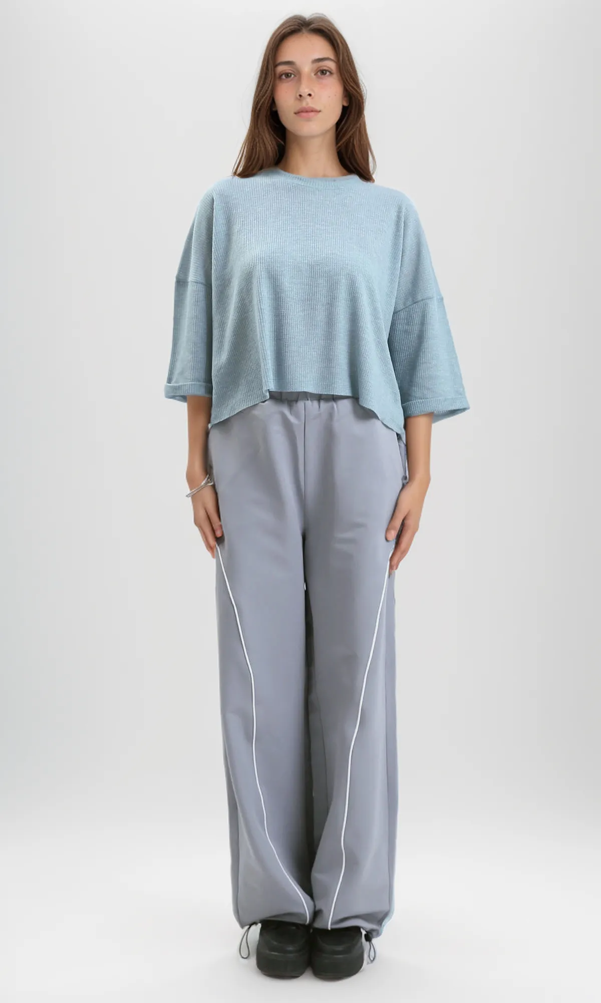 O179648 - Ribbed Mentgreen Loose Short Top With 3/4 Sleeves