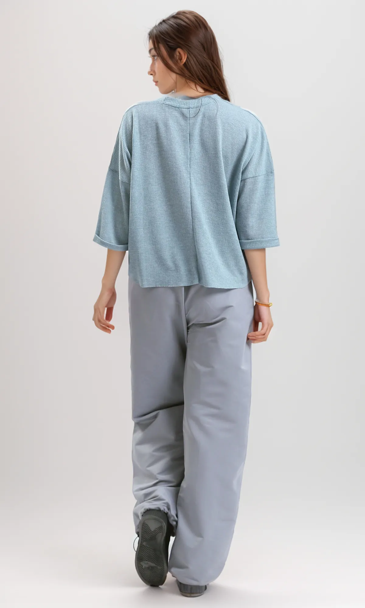 O179648 - Ribbed Mentgreen Loose Short Top With 3/4 Sleeves