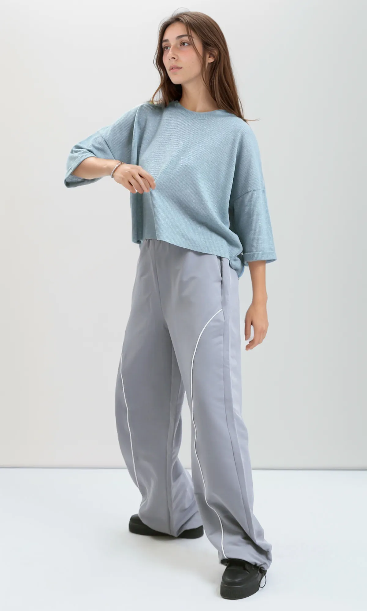 O179648 - Ribbed Mentgreen Loose Short Top With 3/4 Sleeves