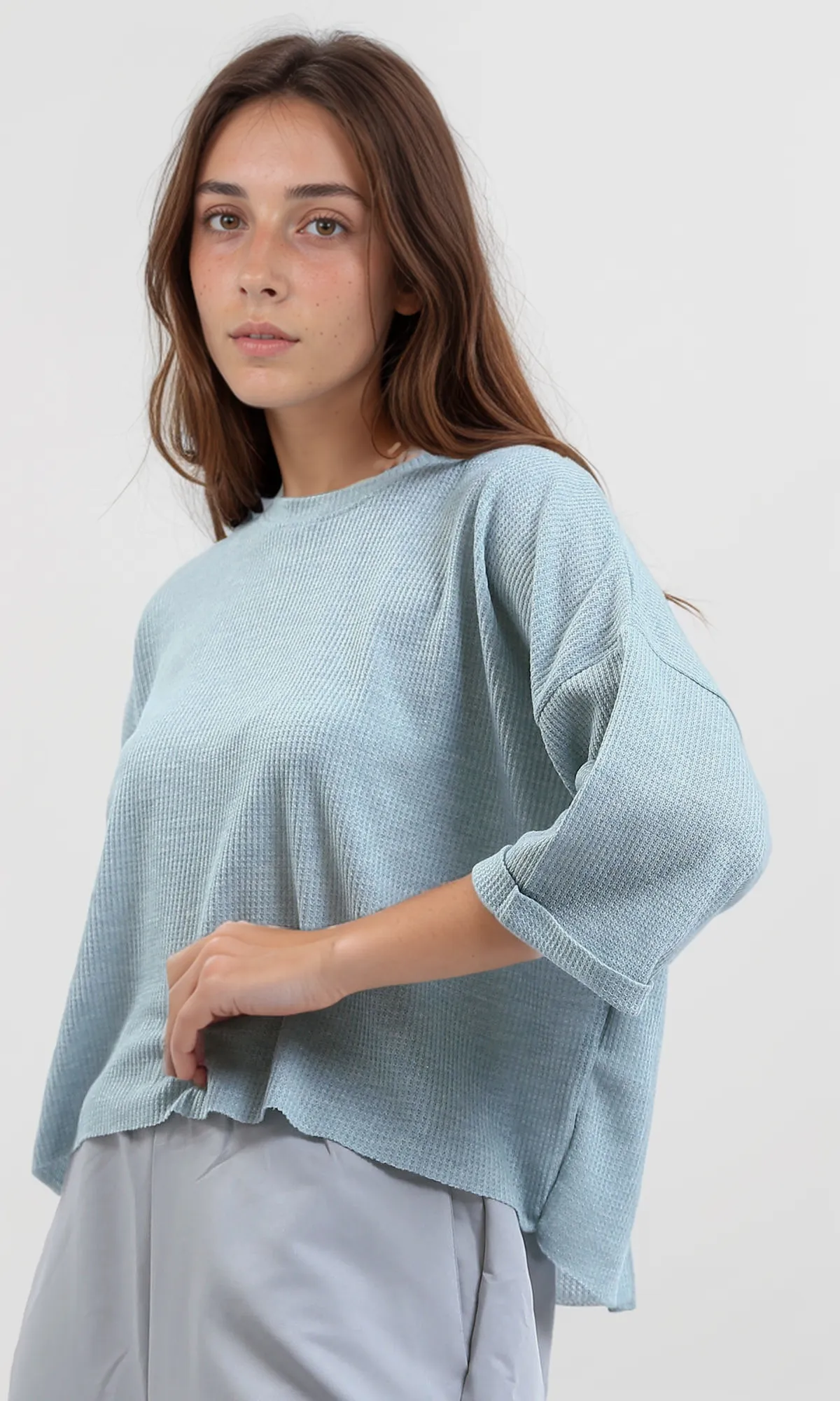 O179648 - Ribbed Mentgreen Loose Short Top With 3/4 Sleeves