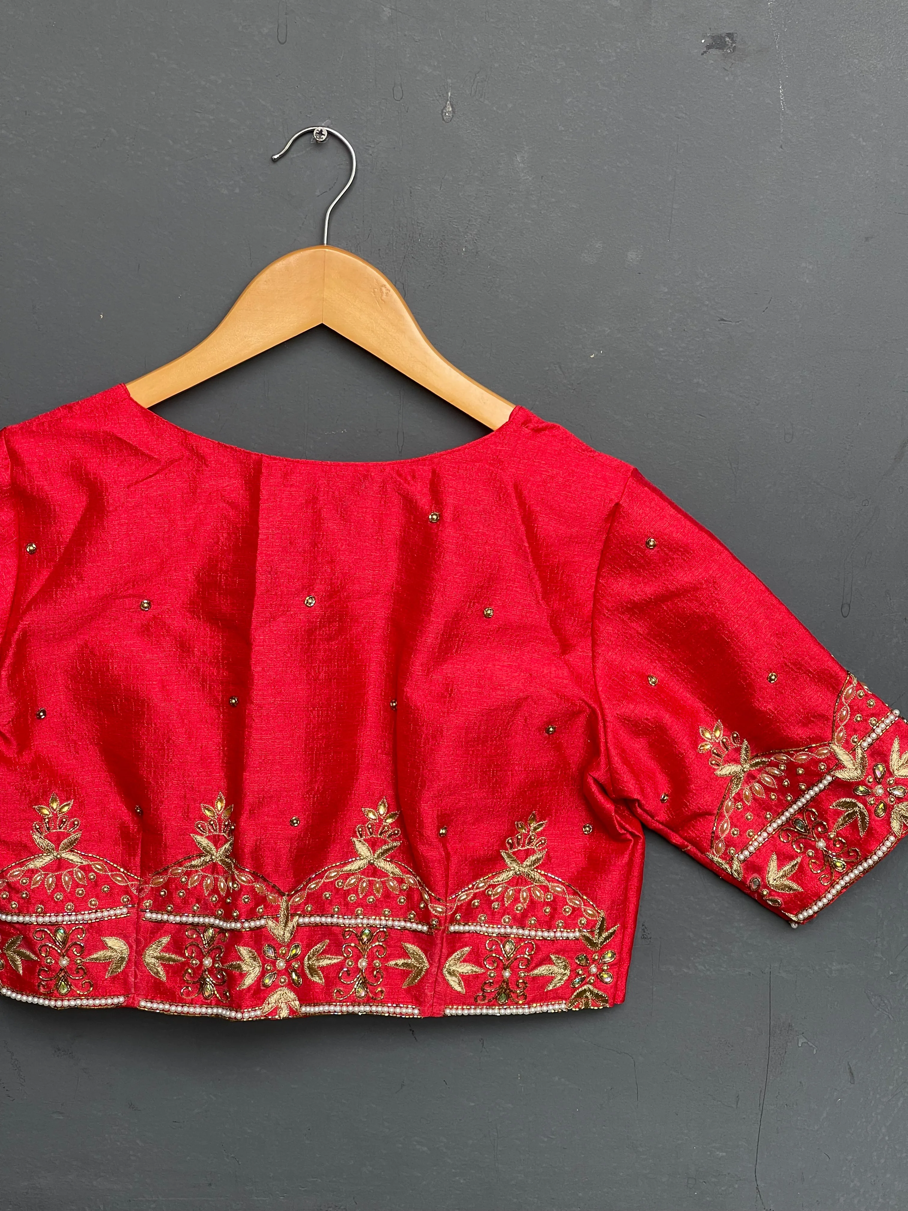 Red hand embroidered waist line and sleeves silk blouse