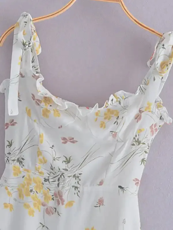 Small fresh floral print slim-fit wooden ear tie dress