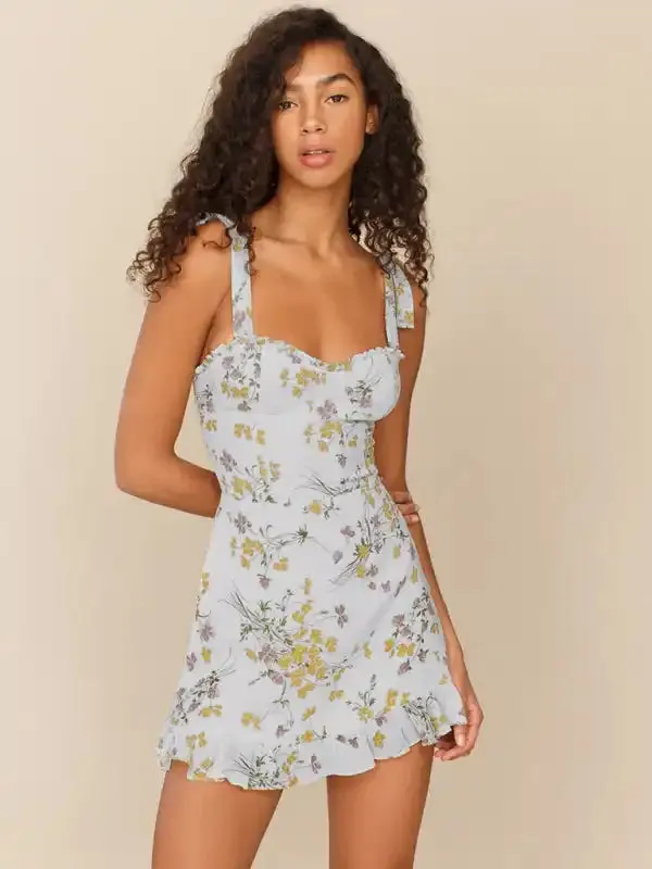 Small fresh floral print slim-fit wooden ear tie dress