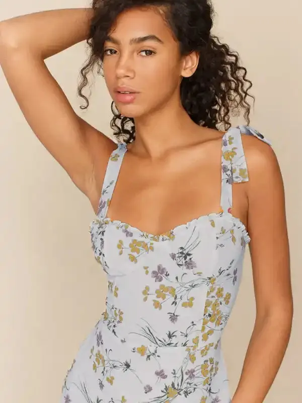 Small fresh floral print slim-fit wooden ear tie dress
